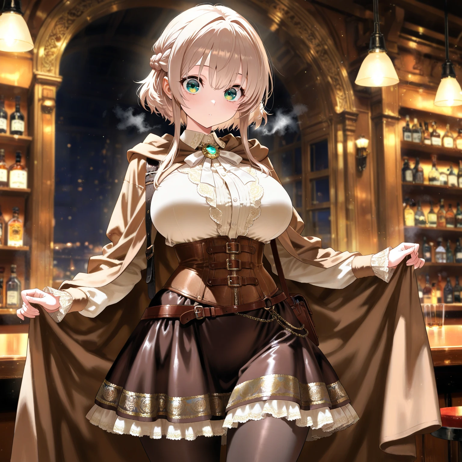 (medium breasts:0.6),(from above:1.2), ((Face)), (Close-Up:0.4), (( eat a cake and have a coffee)),highest quality、(real、photorealistic:1.4),(ultra high resolution, 8K RAW photo, clear focus), best qualtiy, natural lighting, field depth, (Bright pupils, detailed beautiful eyes, high detailed face), Red lip, (tight focus:1.2, from below:1.2), sexy posing, erotic cute,cooking Research Institutes(beautiful and luxurious:1.2),(double breasted:1.0,under bust:1.0), gap between buttons,(((corset belt))),(((high waist skirt,))) seductive weak smiling,(with sparkling eyes and a contagious smile),open mouth, Looking at Viewer