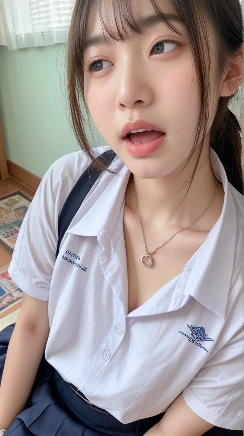 ulzzang -6500-v1.1, (Raw foto:1.2), (Photorealsitic:1.4), a beautiful detailed girl, extremely detailed eye and face, beatiful detailed eyes, huge filesize, (Colossal tits), hight resolution, ighly detailed, top-quality, [​masterpiece:1.6], [JK school uniform], illustratio, ighly detailed, nffsw, finely detail, top-quality, Highly detailed ticker uniform 8K wallpaper, Cinematographic lighting, 1girl in、17 age、Cute Japan high school girl、perfect body type、[Unbuttoning a white school blouse]、Large, Taut chest、[huge-breasted、heavy breasts:1.6]、Cute droopy eyes、Beautiful big eyes、White School Blouse、see-through brassiere、Sweating and getting wet、[sexual excitement:1.1]、[lyin in bed:1.5]、Raise both hands、School uniform ribbon around neck、A slight smil、(the whole body is wet)、Shining eyes、(A black、short-hair:1.2)、Herren、(Open dress shirt、long-sleeve:1.1)、(tight skirts:1.5)、耳环、(From  above:1.1)、POV、Look at viewers、sitting floor、Wooden flooring、white walls、(cum on chest:1.3)、(droolng:1.5)、(cry:1.2)、open open mouth、(a closeup:1.2)、simple background、‎Classroom、