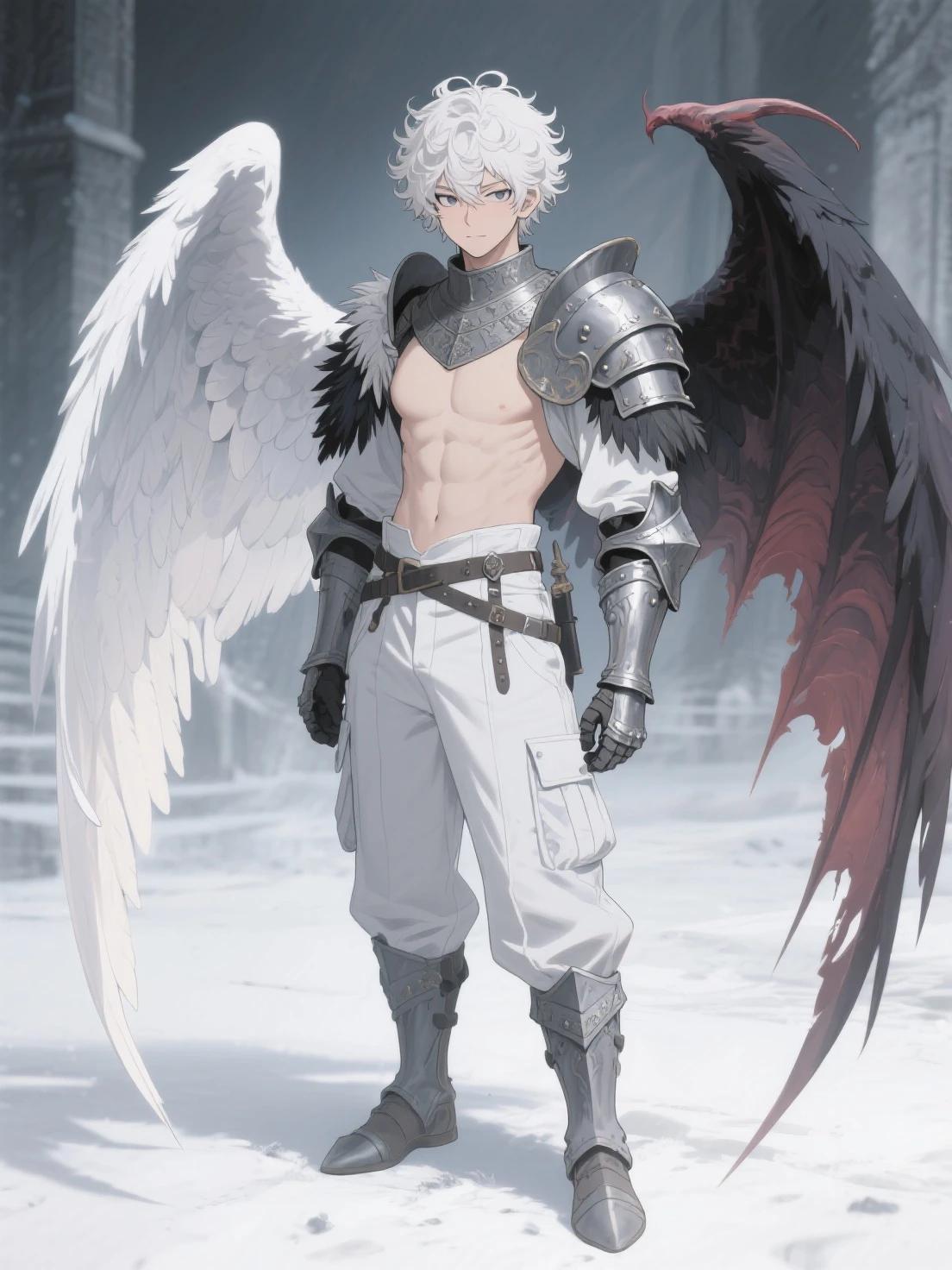 Huge muscles,Devilish wings,Devilish horns,Clear liquid dripping from penis,black costume,Huge erect penis,Ready your weapon,An angel cloaked in evil aura,The color of the face is Caucasian skin tone.,A white suit with blue lines and an innocent smile,Lots of drooling,(((Look straight up)))