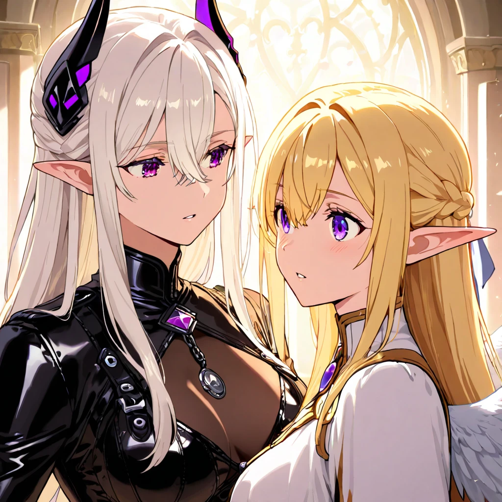 highly_detailed_illustration, 2girls, bare_shoulders, bat_wings, blonde_hair, breasts, demon_girl, demon_wings, eye_contact, horns, long_hair, looking_at_another, multiple_girls, profile, red_eyes, wings