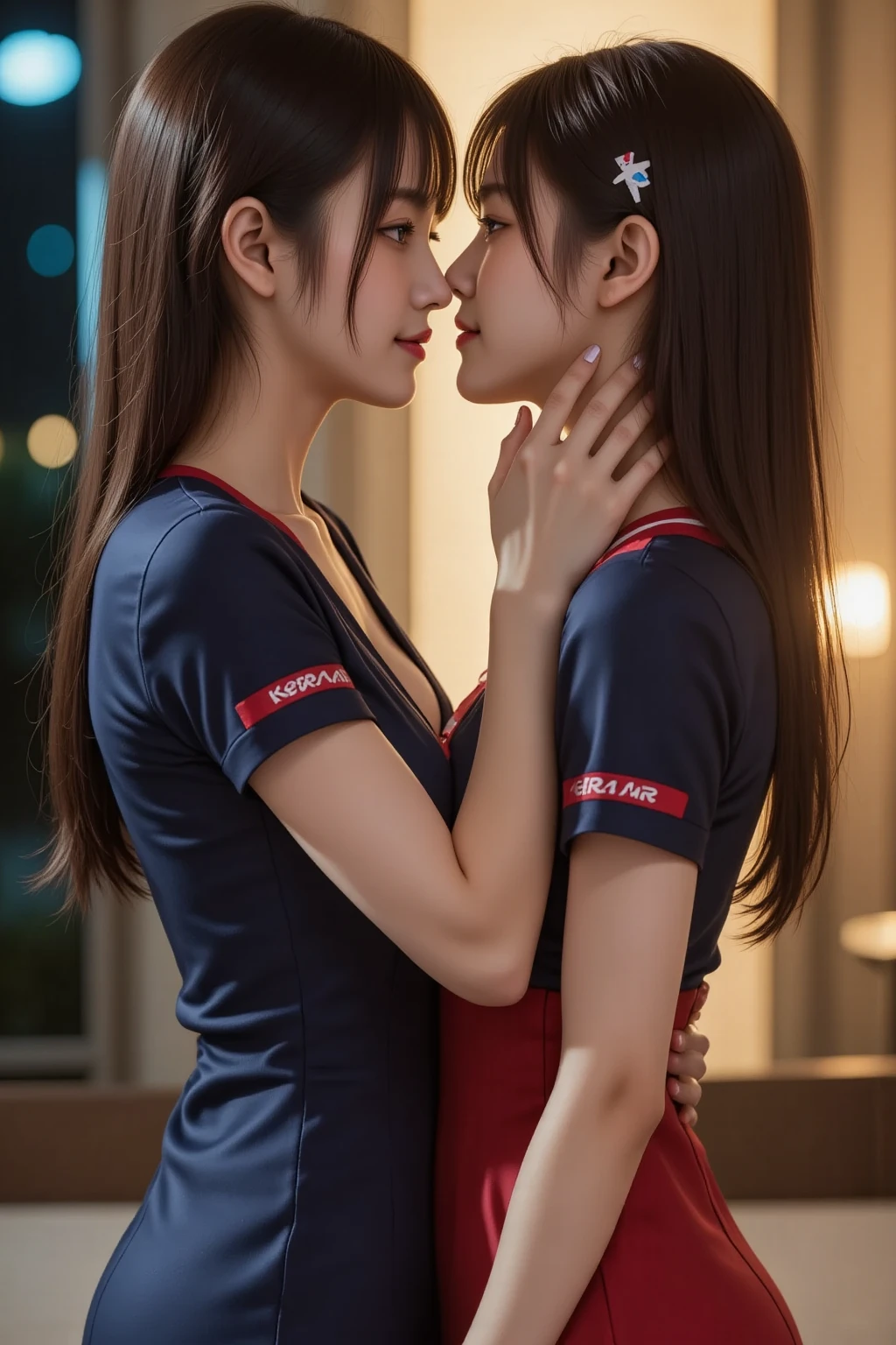 Propaganda poster. Gestapo uniform, female lesbian kawaii sisters kissing passionately wearing SS uniforms. 8k. masterpiece. best quality. best artwork. lingerie. swastika insignia. busty bare breasts. bdsm dominatrix