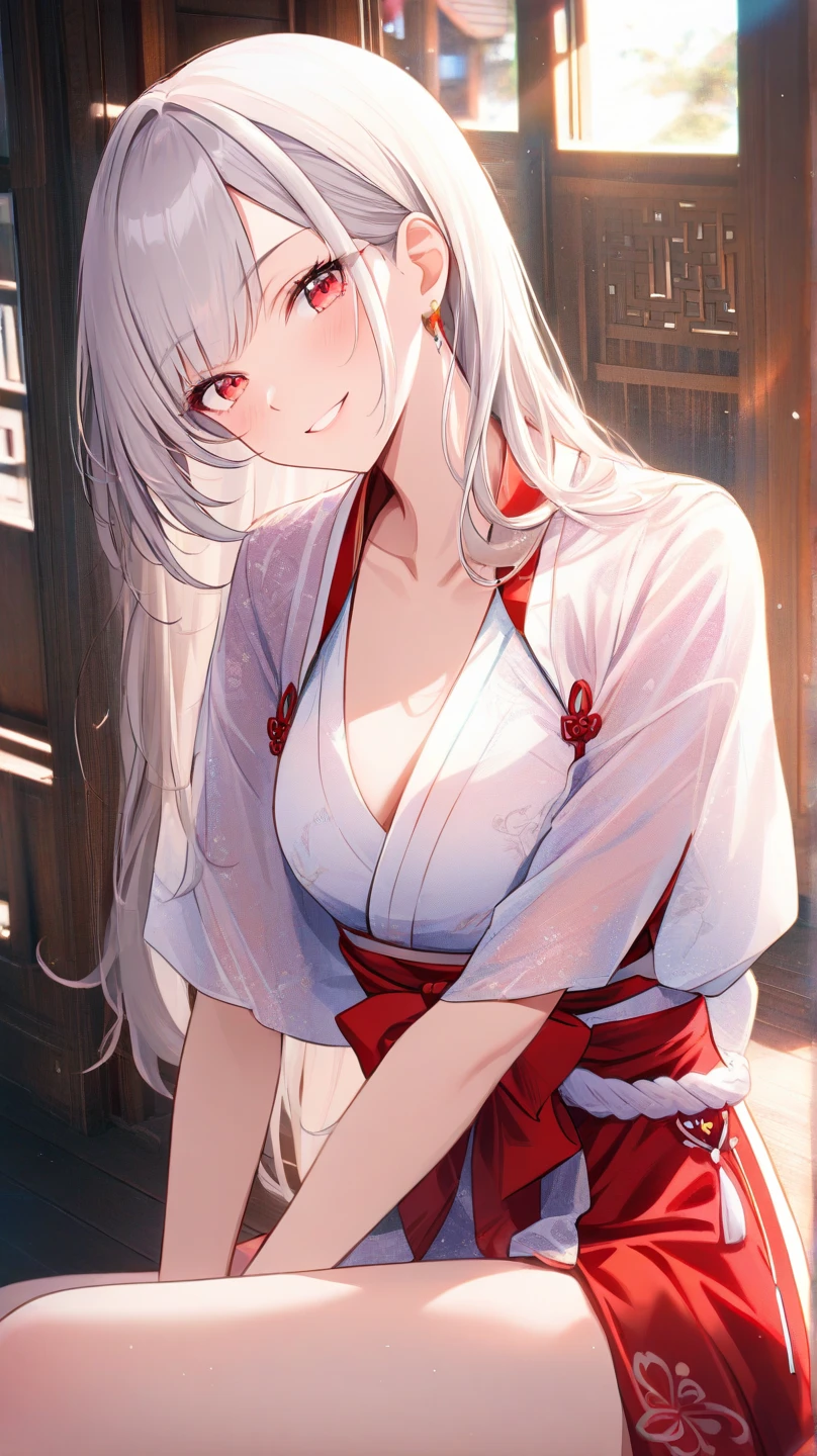 (Masterpiece), (Top Quality Anime Illustration), (Super Definition), (Super Detail), One Girl, Solo, Silver-haired Beautiful Girl, Anime , Cat Ear Lolitite, Red and White Priestess Costume, See-Through Red and White Hakama, Lolita Ptess, Smile, Small Breasts, Cleavage, Underboob, Thighs, Sakura, Shrine, Tarot Card Style