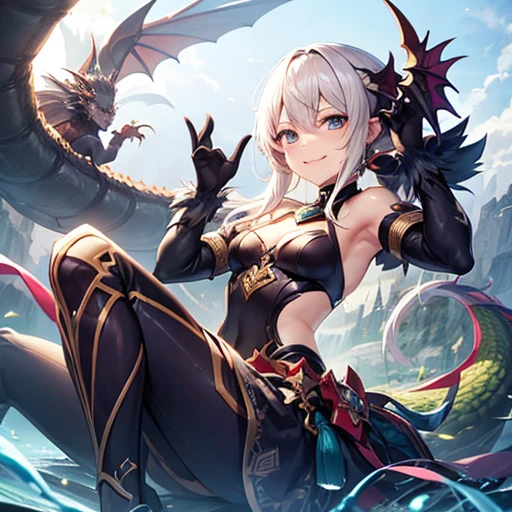 Light blue sea background, dragon girl, white hair, light blue dragon horn, glowing light, light blue bubbles