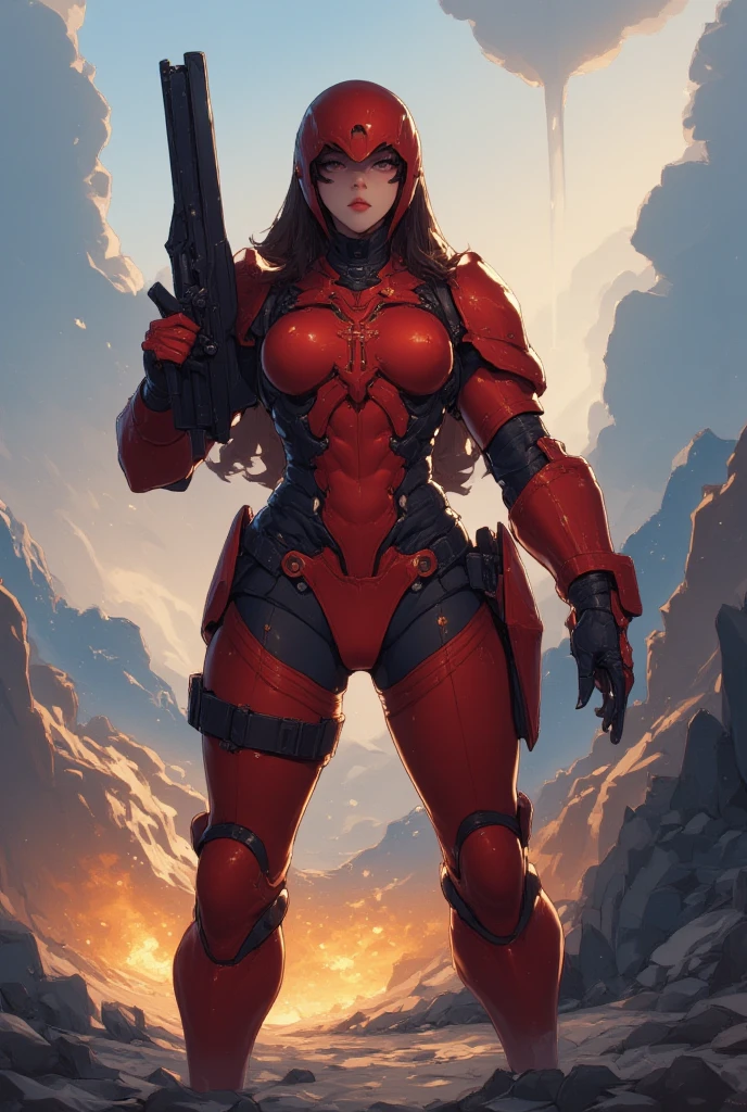 full body standing good face, nice ass, red spiky hair, beautiful woman, wide hips, cleavage, jumpsuit, leotard, heavy boots, apocalypse, muscular, thighs, mature woman, abs, looks at the viewer, lustful smirking smile face red blush