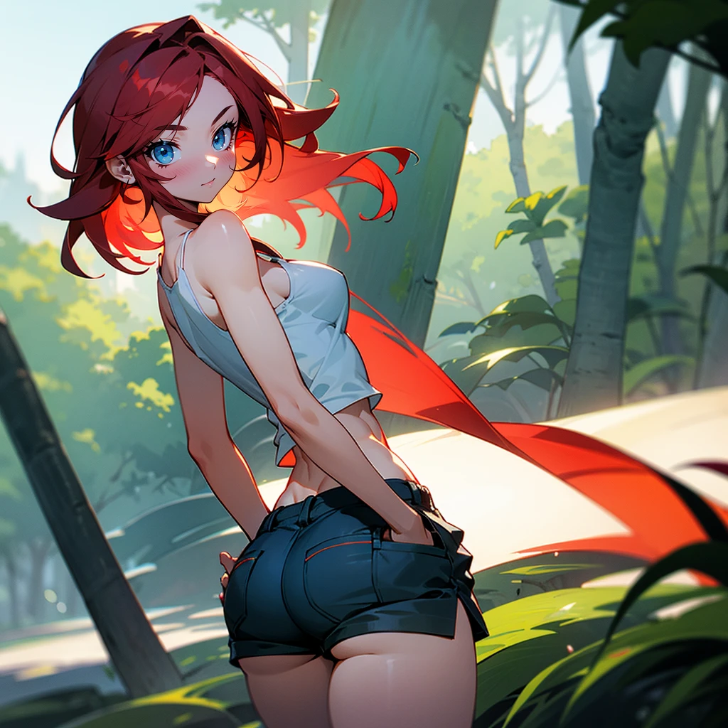 ((High Quality image 10k)) (( perfect autonomy)) Masterpiece, solo girl, brown eyes, red hair, wearing sleeveless black shirt, blue jean shorts, shorts are falling down, cute panties, sexy panties, evil smug grin, Standing, in the park