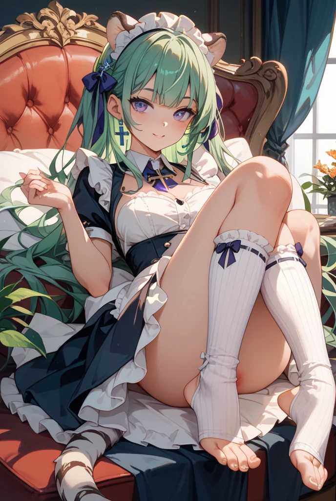 One girl, masterpiece, cute girl, big , light green hair, long hair, sailor suit, blue sailor skirt, white knee high socks, white underwear, big butt, spread legs, pussy juice, detail, 4k, sexy, good pupil, 4k, detailed