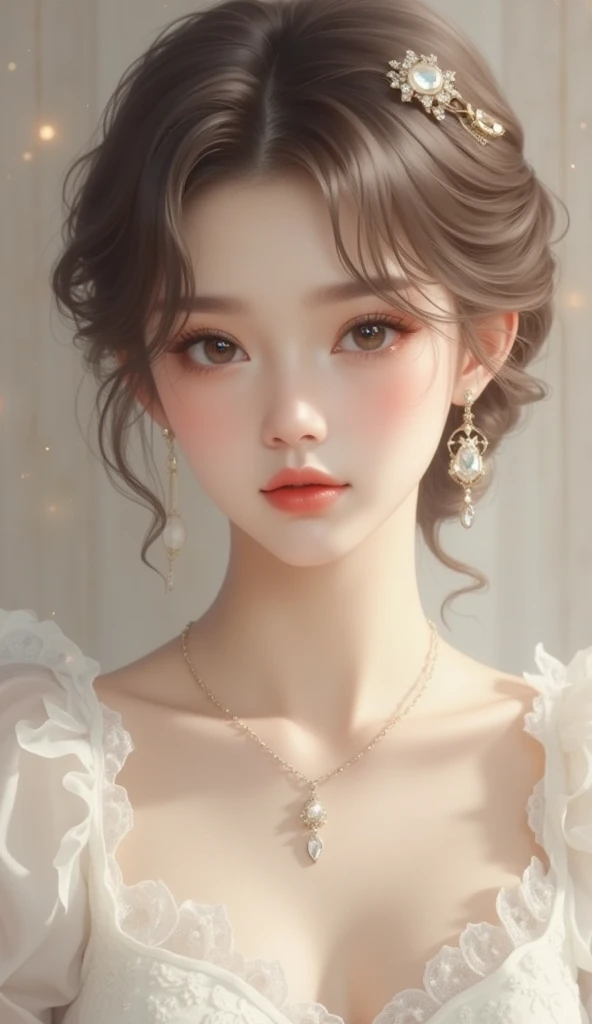 (Best quality:1.2,Masterpiece:1.2,high resolution,1 girl,Chinese dress,Delicate hair accessories,Floral decoration,Stunning necklace,Exquisite jewelry,Soft skin tone,Detailed body,Bokeh effect,Realistic Shading,Studio lighting,twotonelighting,High-resolution skin texture:1.2,8K Ultra HD,digital camera,Soft lighting,professional render,voluminetric lighting,Sincere expression,sportrait,high resolution,4K,Blurred background)