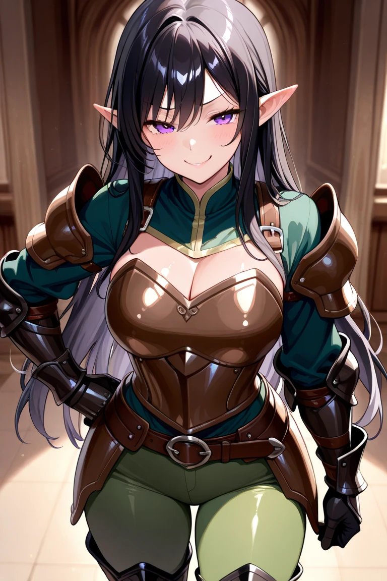 elf anime girl with long black hair, pale skin, green eyes, big boobs, wearing black and silver armor with a sword on her hand, a medieval village behind her --auto --s2