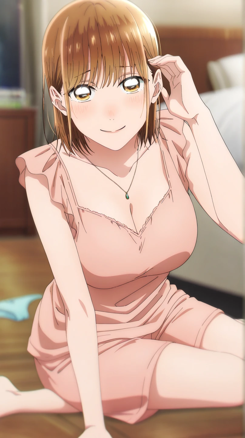 ,12yo,(petite), 1girl, looking at viewer, , hazuki katou,,,, ,my room,,blush,(spoken heart),,medium breasts,(evil smile,grin),off shoulder,bra