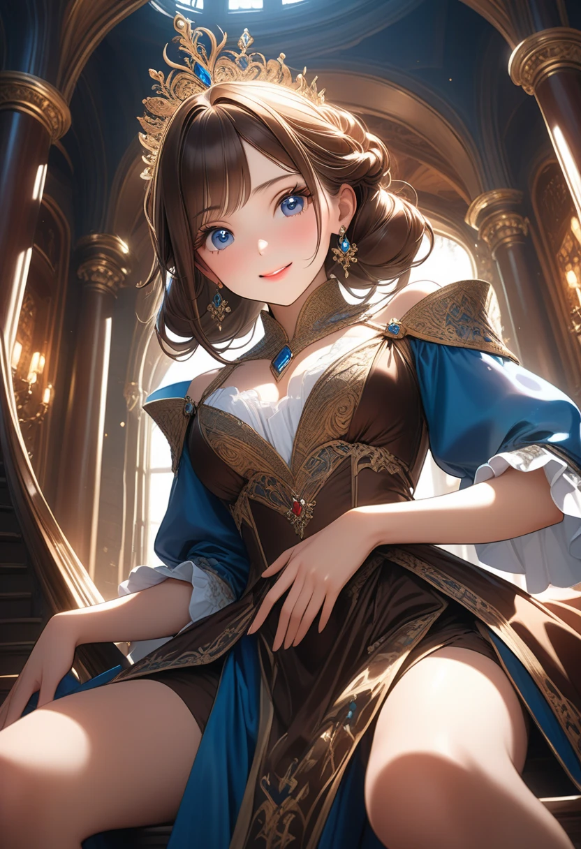 ((highest quality)),(ultra high resolution),(Super detailed),(detailed description),((best CG)),(best work of art),super precision art,great drawing art,(Fantasy art with precise details:1.5), (1 woman:1.6),(beautiful and well-shaped face:1.5),smile:1.7,(A dress with extremely detailed and detailed flowers.:1.6,Circular skirt:1.3),accessories:1.5, Warm sunshine,breeze,birdie,Small animals