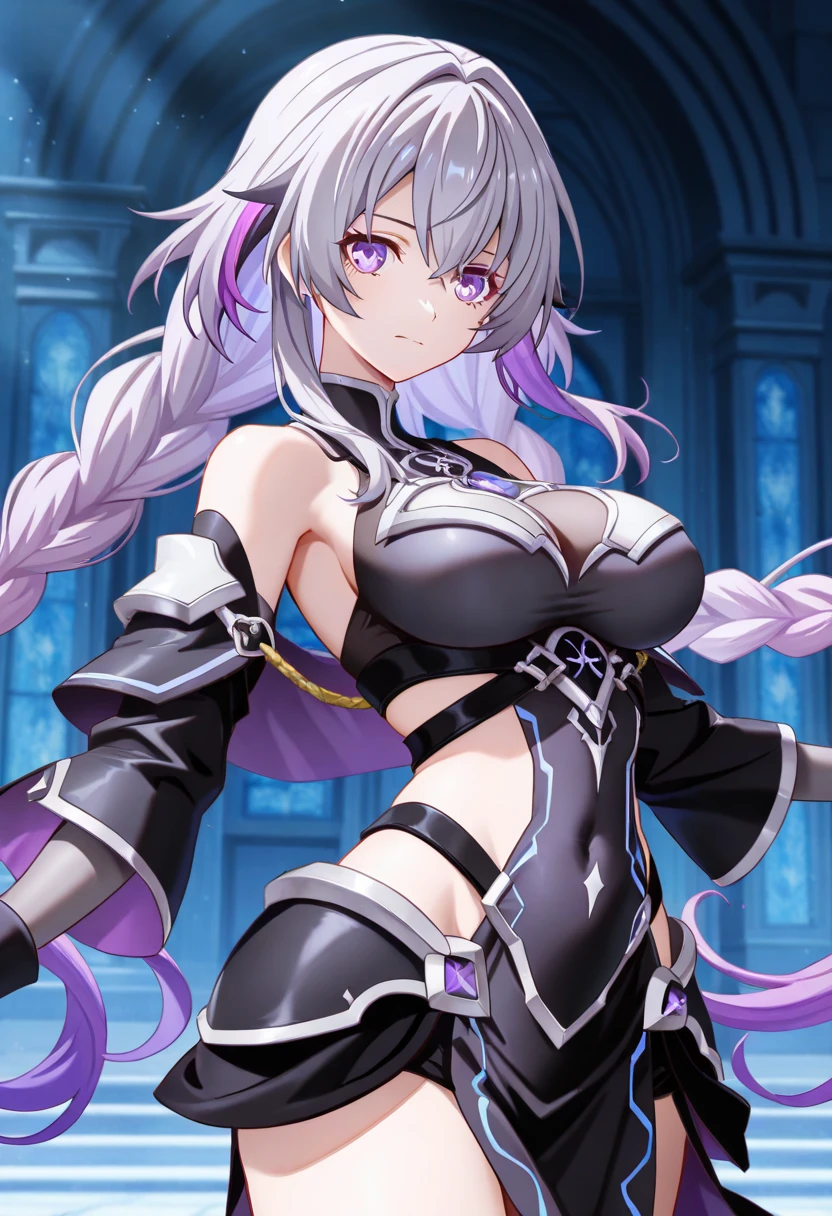 A cute woman with violet eyes and hair is in a sexy cute sorceress outfit, she is wielding a wand and shooting spells while striking sexy power poses, dark dungeon lit by spells