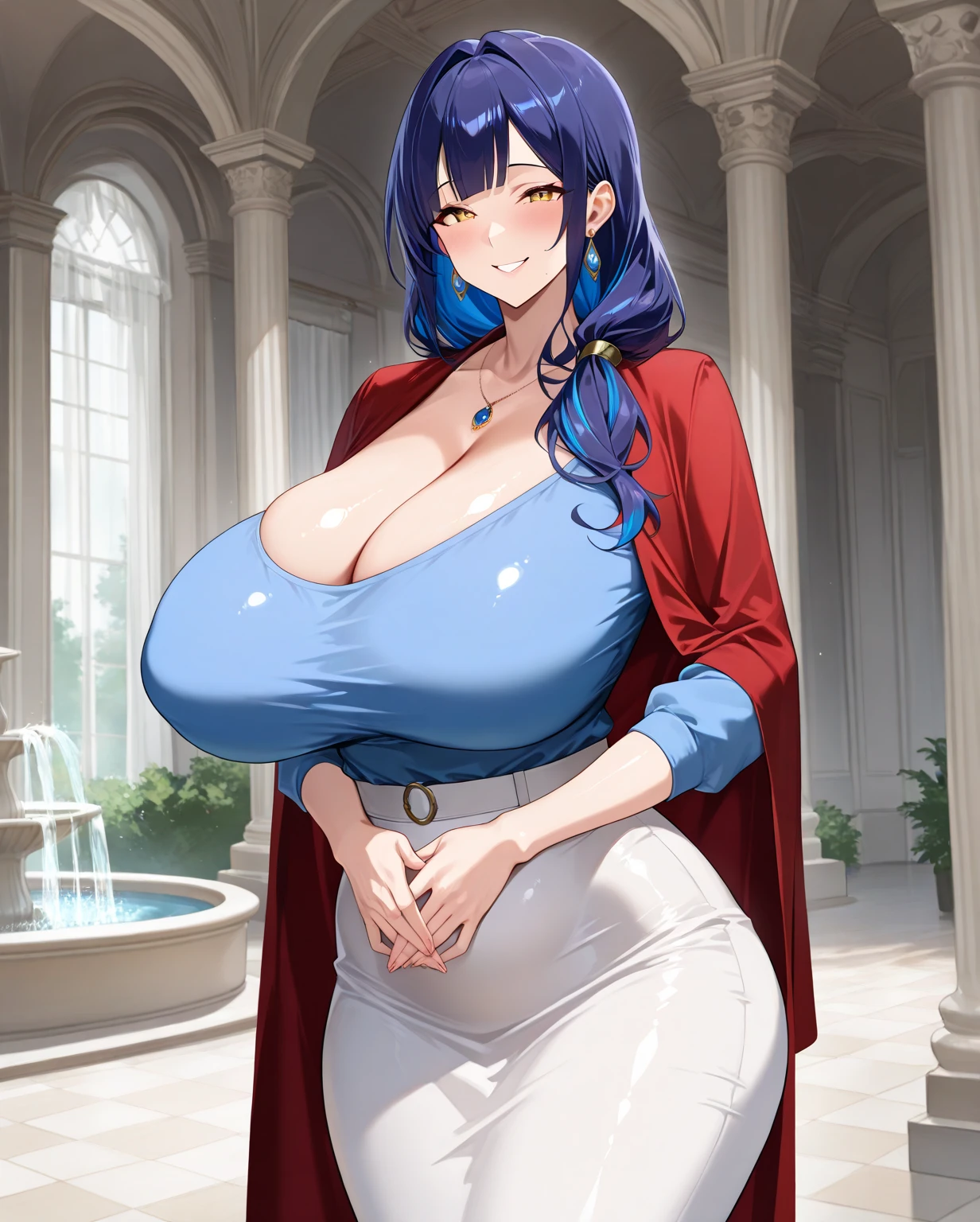 (sharp focus:1.2), photo, attractive young woman, (beautiful face:1.1), detailed eyes, luscious lips, (smokey eye makeup:0.85), (huge breasts:1.0), (fragile body:1.2), (wavy blue hair:1.2), wearing (revealing dress:1.2) on a (cliffside:1.2). (moody lighting:1.2), depth of field, bokeh, 4K, HDR. by (James C. Christensen:1.2|Jeremy Lipking:1.1).
