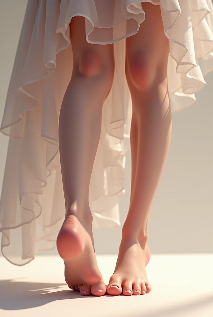 Close-up of 80-year-old white woman with long hair. She stands completely naked. . The legs are very wide apart. Lots of pubic hair. stunning art style, White Skin Skin. The camera looks from the bottom up. Blurry dark room background. Light haze.