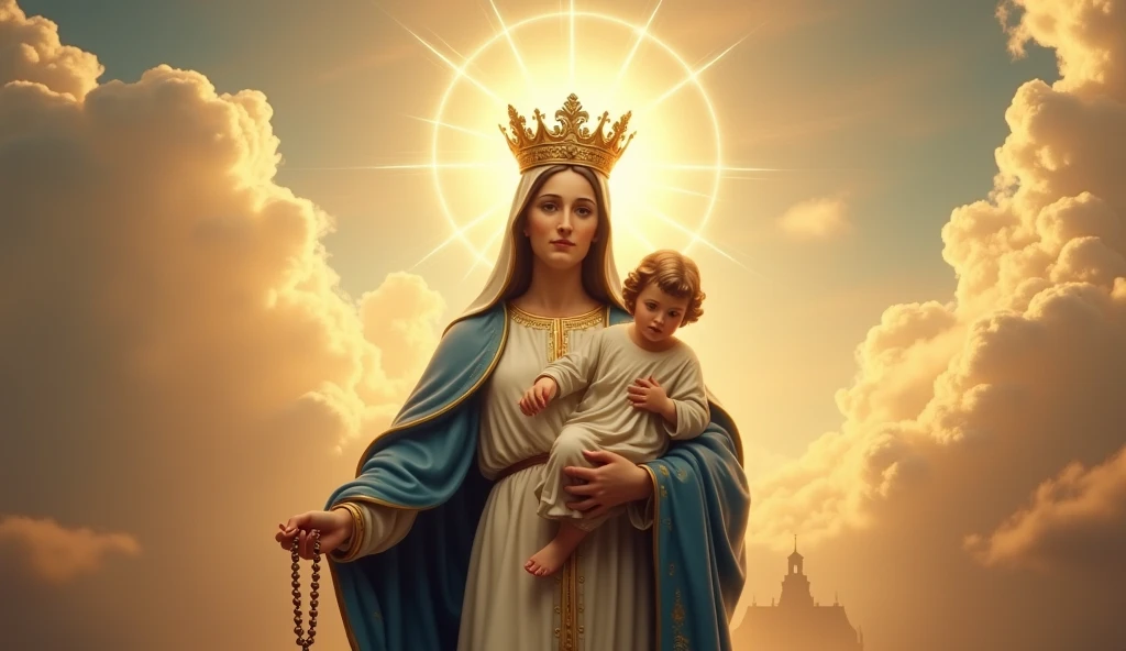 Queen of heaven, with baby Jesus(smiling), Virgin Mary(smiling), Roman Catholic icon, Catholic icon, Catholic religious art, sacred painting, brown hair, golden and purple robes,masterpiece, high quality, extremely detailed 8k unit CG wallpaper, historical art, ancient roman painting
