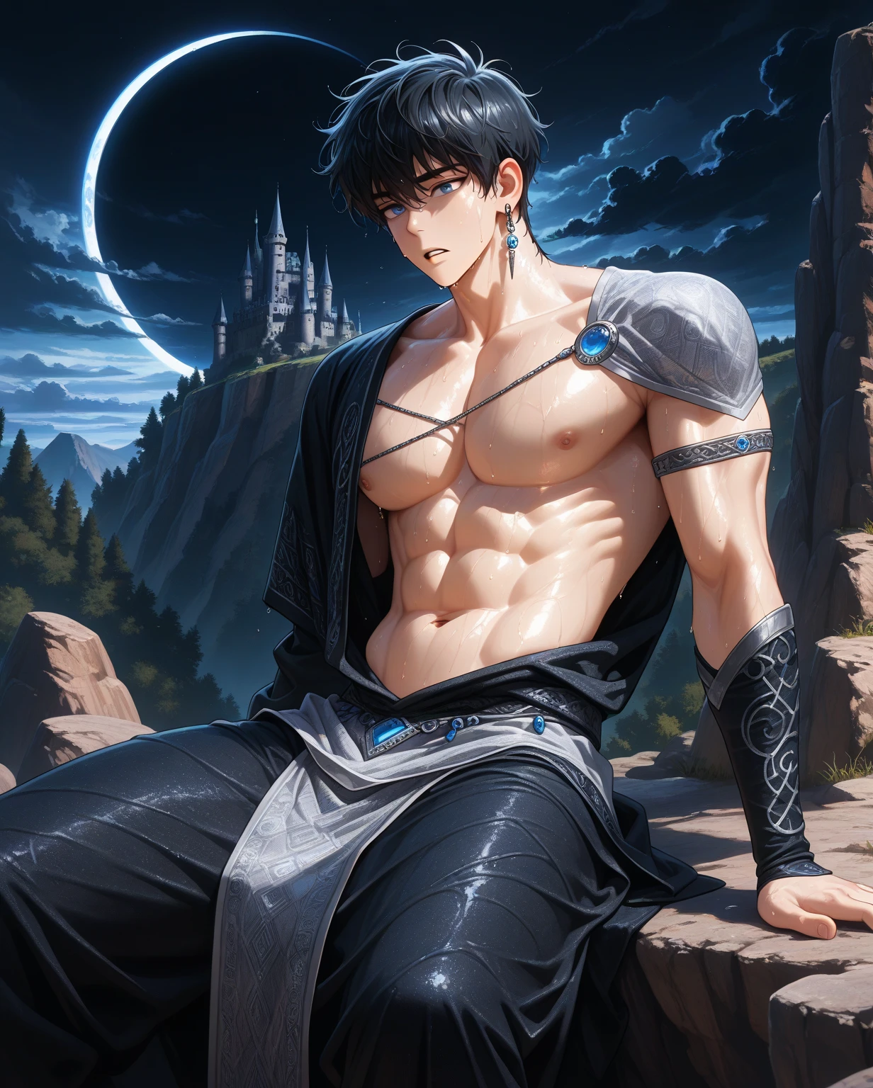 boy, very attractive boy, mexican ethnicity. tan skin, cobalt blue hair, almost completely shaved hair, young man, solo, Attractive. handsome face. mischievous expression, blue eyes, he wears brown Jedi-style baggy pants dark, black cape, bare chest, open black cape, Ruins of a Jedi temple with river and waterfalls background. Jedi open black tunic. Very voluminous pectorals His shoulders as well as his back and chest were enormous, from shoulder to shoulder it seemed to be a meter long; On his chest were 2 enormous pectorals that were gigantic and very voluminous, proudly supported by 8 chiseled abs. His torso, from his shoulders to his waist, had the shape of a V which was very marked on his waist, his arms were as thick as a log. and his biceps were big and shapely. His buttocks were also wide, round and big and firm, and his thighs were almost as thick as his arms, or thicker if possible.
