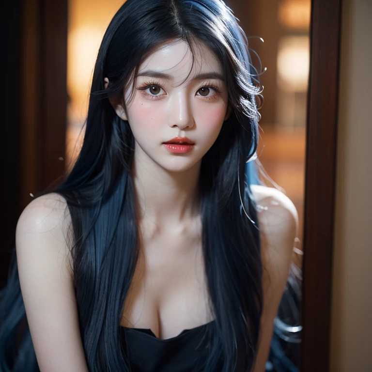 (close up:1.3), (split:1.3), Volumetric lighting、The facial details are particularly rich、1 girl、dark、deep shadow、low profile、hair length、white hair, huge saggy breeasts, off-shoulders top, cowboy shot, high ponytail long hair,