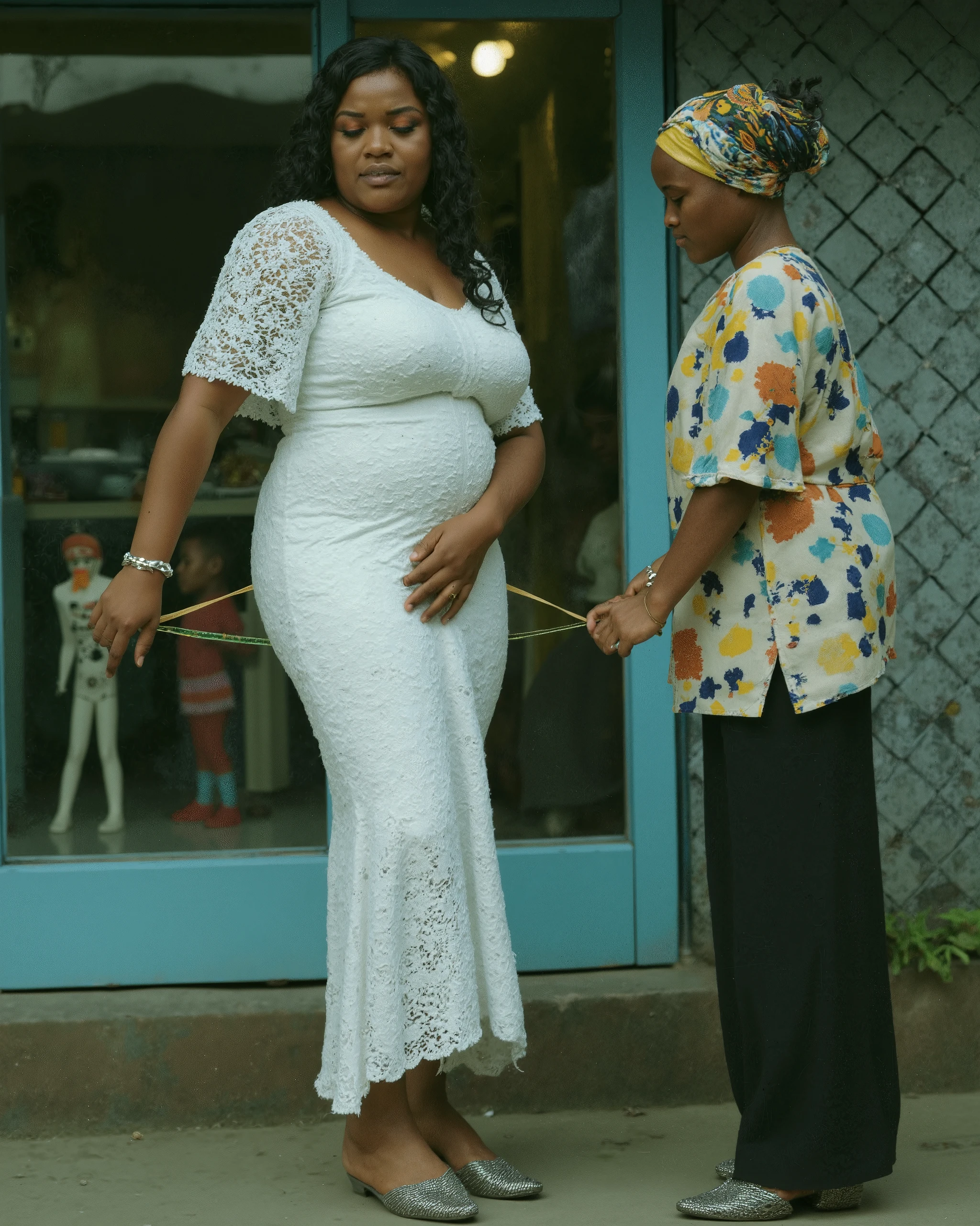 a photo of ((one)) 40 year old ((solo)) African woman ,((alone)), smiling chubby pregnant lady, wearing a white wedding dress , a comically large bloated round belly, standing inside an empty church.