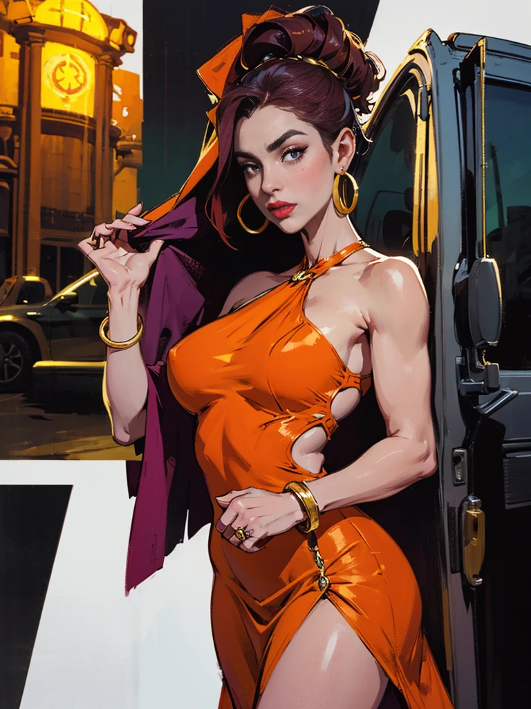em uma rua iluminada com um carro porche atrás Illustration in styles of Harrison Fisher, Jeremy Mann, Alexandre Cabanel, and Tomer Hanuka, of a stunningly beautiful lady sexy big big tits decote em V mhia khalifa girl Power fênix + Arlequina elegante hot atraente Naruto black in an long dress, em seus pés with the contradiction of men's sandália, atmosphere that balances the delicate and the rugged, soft pastel hues for the dress red gold dark red full contrasting their sturdy, leather exterior, textures that interplay tone as if at