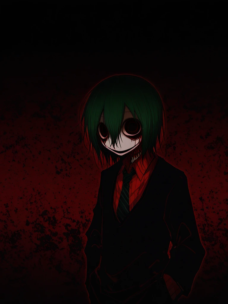 dark green hair,Eyes red,juvenile,Caucasian skin,Red eye,red necktie,Black Suit, dark basement full of chains restraining him as he kneels, smiling malevolently, boy, naughty man, shorth hair, anime style v3.0 hd dark, camera right in his face looking to the side, beefy