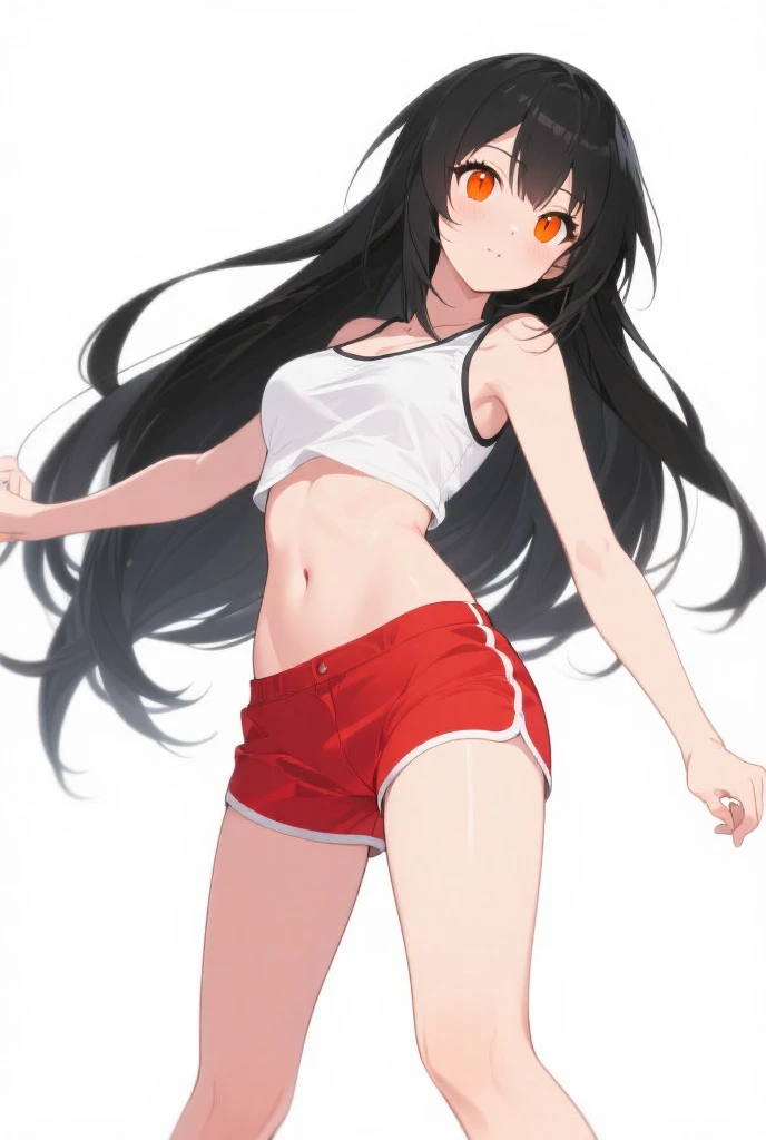 tohsaka rin, masterpiece, highres, solo, 8k, detailed, perfect face, (ultra high quality), looking viewers, collar bones, armpit, small breast, cleavage, black hair, long hair, twintail hair, blue eyes, belly, stomach, navel, abs, crop tanktop, red tanktop, denim short, mini short, slim body, smile, flat face, blush, thigh, background in city