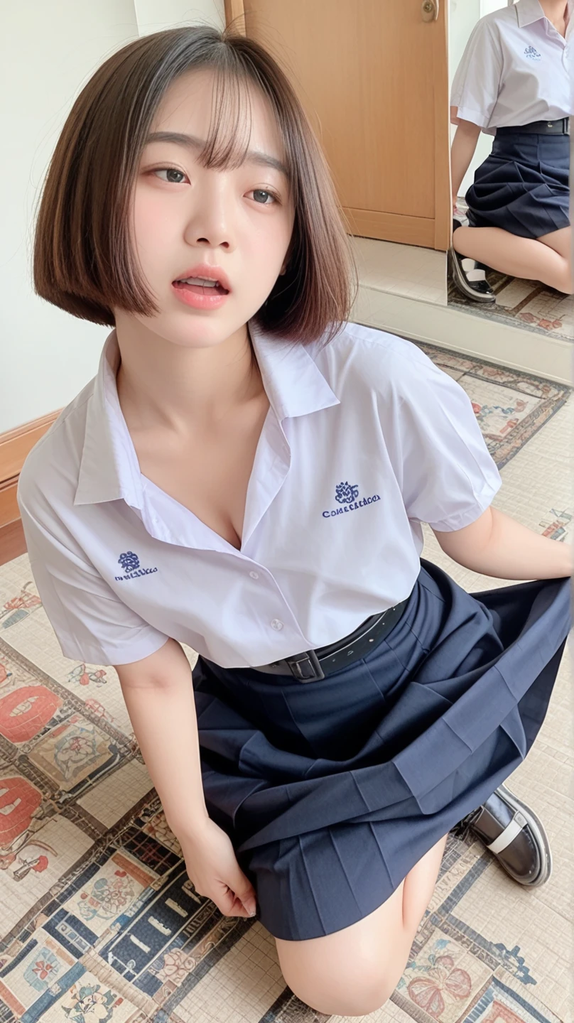 Masterpiece , Beautiful 18 Years Old , medium round Breast , exposed Cleavage , unbuttoned tshirt, ((Wearing High School Uniform)) , High School Skirt , White Sneakers , In Classroom , , ((Centre:1.1)), ((Symetric Picture:1.1)) , ((brown Hair:1.1)) , Extremely Detailed , Messy Hair, atractive poses:1.3, sitting with open-legged, knees up
