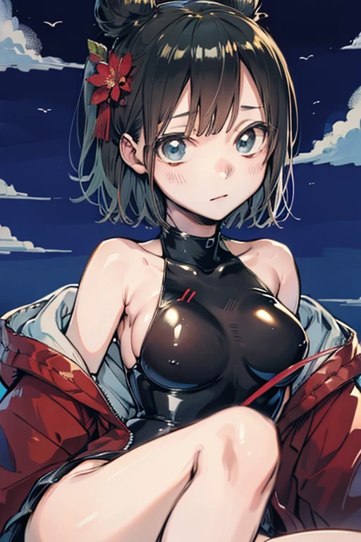 my hero academia style, a girl with red eyes, Brown hair, small breasts, challenging and serious look, where she shows her wet nipples and vagina, naked without clothes, sucking a penis