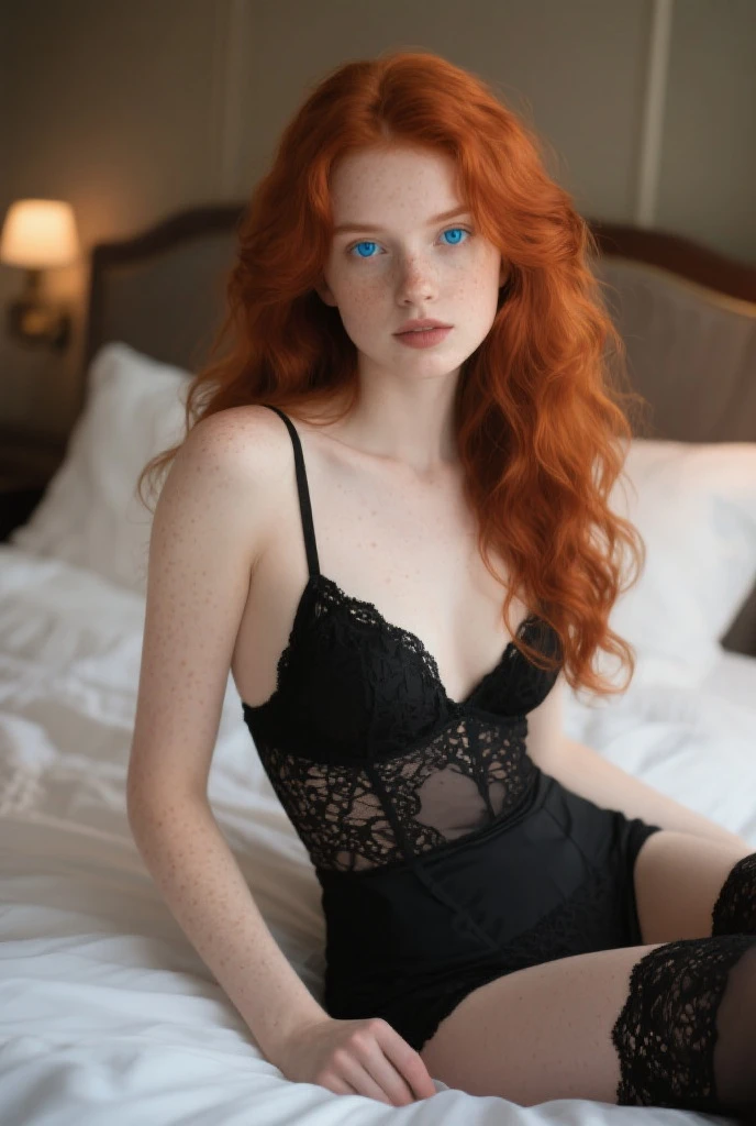 1girl in, age19, Solo, Aesthetic artwork, irish redhead, wavy ginger hair, shoulder length ginger hair, gray eyes, light grey eyes, some small freckles, pale skin, A-cup, small breasts, runners body, (textured skin, skin pores:1.1), (moles:0.8), imperfect skin, goosebumps, in a dark bedroom sitting down, relaxing, innocent, (extremely detailed 8k wallpaper), (soft lighting), high quality, film grain, Fujifilm XT3 sharp focus, f 5.6, 50mm, High Detail, Sharp focus, (boudoir light), (in a black silk nightgown: 1.8). Silk, A black nightgown, lace pattern, poking through, crazy details, complex details, hyperdetailed