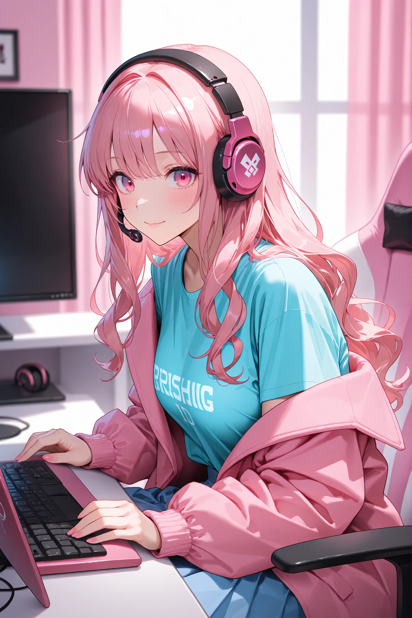 masterpiece,best quality,amazing quality,ultra-detailed,very aesthetic,sharp focus,depth of field,vibrant colors,ray tracing,best lighting,detailed illustration,detailed background,cinematic,beautiful face,(EyesHD:1.2),beautiful eyes,solo_female,pink hair,long wavy hairstyle,pastel pink eyes,girly aesthetic,fluffy pink coat,pastel blue t-shirt,long pink and blue skirt,pink and blue bedroom background,pink gaming PC background,sitting at computer desk,sitting in pink gamer chair,pink gamer headset,pink boom-mic,