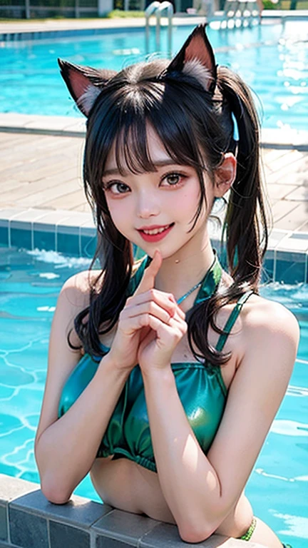 (1girl), kawaii, (round eyes:1.2), Amazing face and eyes, (happy smile), bikini, (Best Quality:1.4), (masterpiece,:1.4), (super high resolution, Ultra-detailed), Professional Photography, summer, (pool), (fine face:1.2), (magazine design, magazine cover, magazine title, magazine article, nice cover design, stylish:1.2),