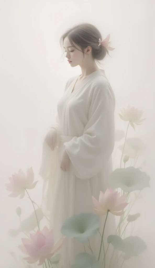 a painting or digital artwork with a soft, ethereal aesthetic. It depicts a serene figure dressed in flowing, traditional clothing, surrounded by delicate lotus flowers and leaves. The figure's hair is styled elegantly, and the overall composition exudes a sense of tranquility and grace. The background is minimalistic, allowing the subject to stand out prominently., creating a dreamy and tranquil atmosphere.