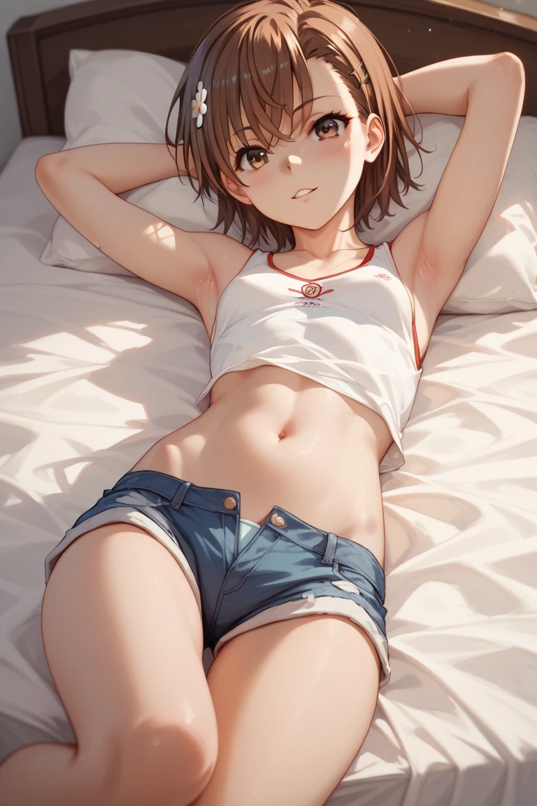 High Definition CG8k Wallpapers), (extremely delicate and beautiful), (top-quality:1.0), (The ultra -The high-definition:1.0), (extremely delicate hair), realistic shadow, [high-detail], More skin, (Very delicate eyes)、Misaka Mikoto、(Red pajamas)、Lying in bed、Hands up、a bitter smile、perspiring、、a wet body、One eye is closed、Red cheeks、Slightly open mouth、(White cream on face and chest)、