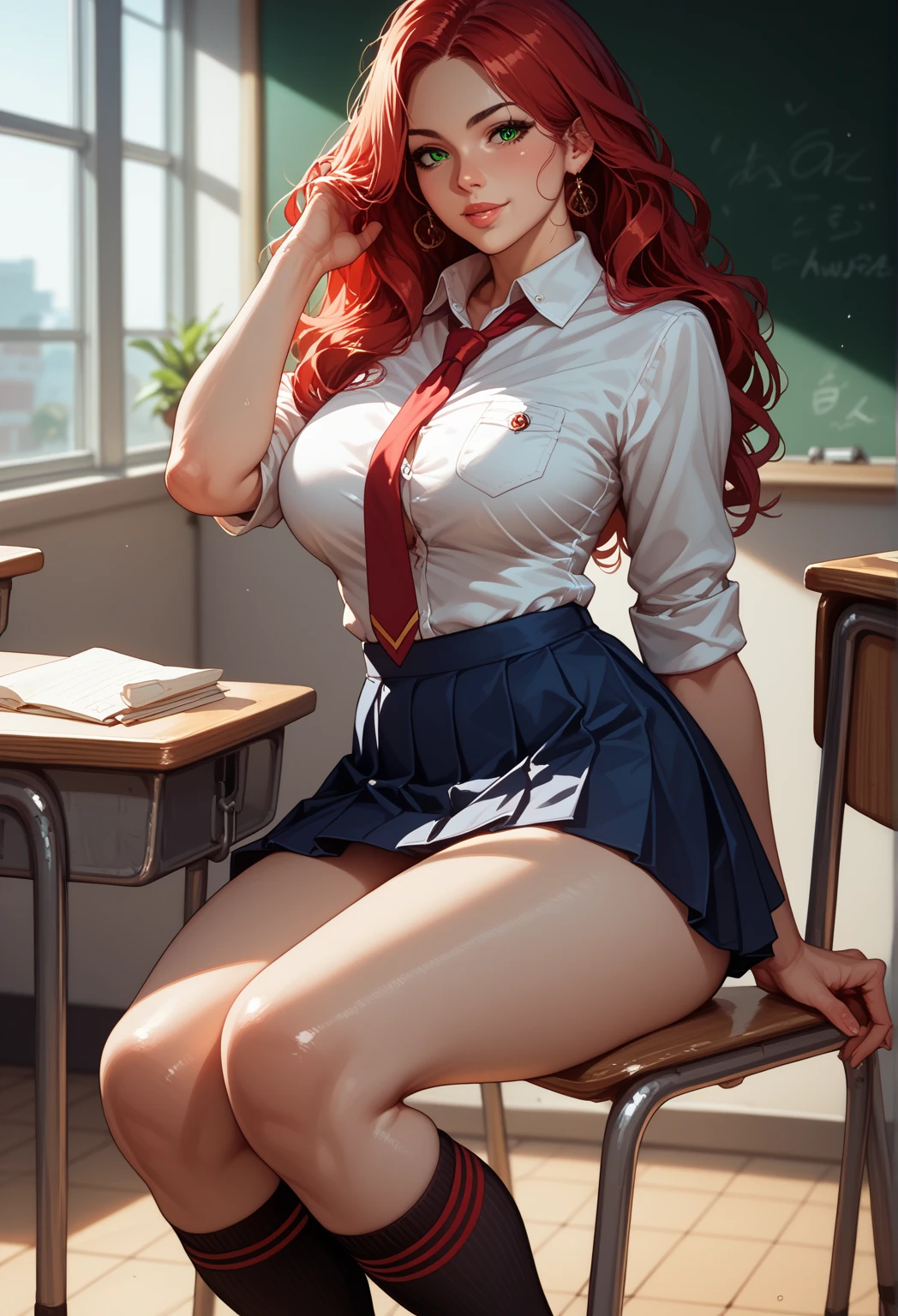 (Masterpiece, best quality, insane details, 8k) hot teacher girl sitting on table in class, (full body view), she spread her legs to show her hot thick thighs and sexy lace panties, she has too short skirt, her clothes very tight, white shirt have big cleavage, her bra is visible in cleavage, nipples is visible through clothes, red hair, green eyes, lust smile, pov from front