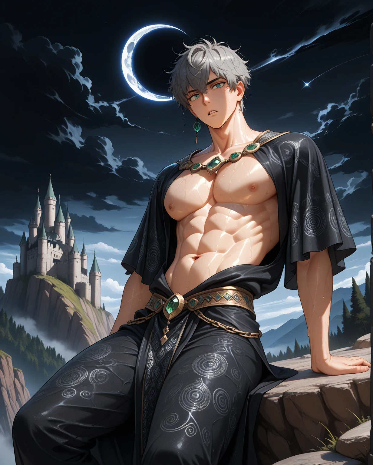 asta, blackclover.,POV,top angle,butt lift, male, solo, veiny muscles,(sweat:1.3),outdoors, extreme bulge,massive bulge,hyper bulge, bodily fluids,precum,pain expression,hd, dark shadows, wide dynamic range, hdr, low light:1.2, no clothes, naked, big balls, open legs, (raised legs:1.4), showing round butt, correct anatomy, explicit content, armpit,Uncensored, bara, pubic hair, (highly detailed:1.3), photorealistic, hyper realistic, ultra detailed,pleasure, masterpiece, detailed, scene, portrait, dripping, massive balls --auto --s2