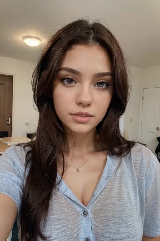 Selfie of a girl wearing a black bra and with soft, straight light brown hair, con ojos grandes verde marino con nariz chiquita y labios gruesos y con forma perfecta con cara de deseo y enamorada