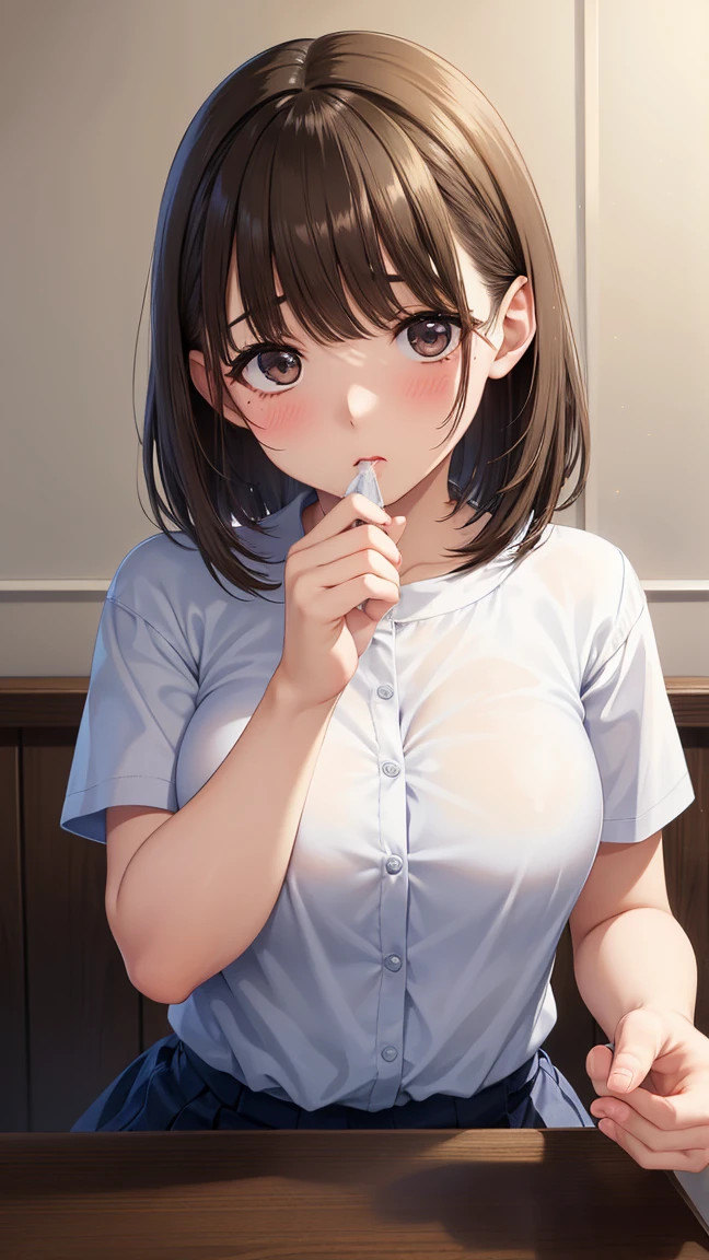 (head shot:1.2), (from above:1.2), frame in, from right in front of face and body, view straight on, upper body, High quality, very high res, High quality, very high res, cute girl, brown hair, forehead, blunt bangs, bob cut, blush, Brushed up bangs, wearing a plain t-shirt, shirt lift, medium breasts, pale pink nipples, I can see your belly button, (kneeling down pose), fellatio, pleated skirt, at office