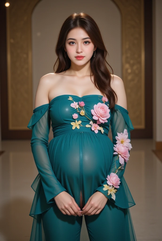 Highly detailed CG Unity 8k wallpaper, top quality, super detailed, masterpiece, realistic, photo realistic, very detailed cute girl, 25 years old, round eyes, viewer, semi body shot, hands on belly, pregnant woman, casual dress, sitting, room, evening, have flowers