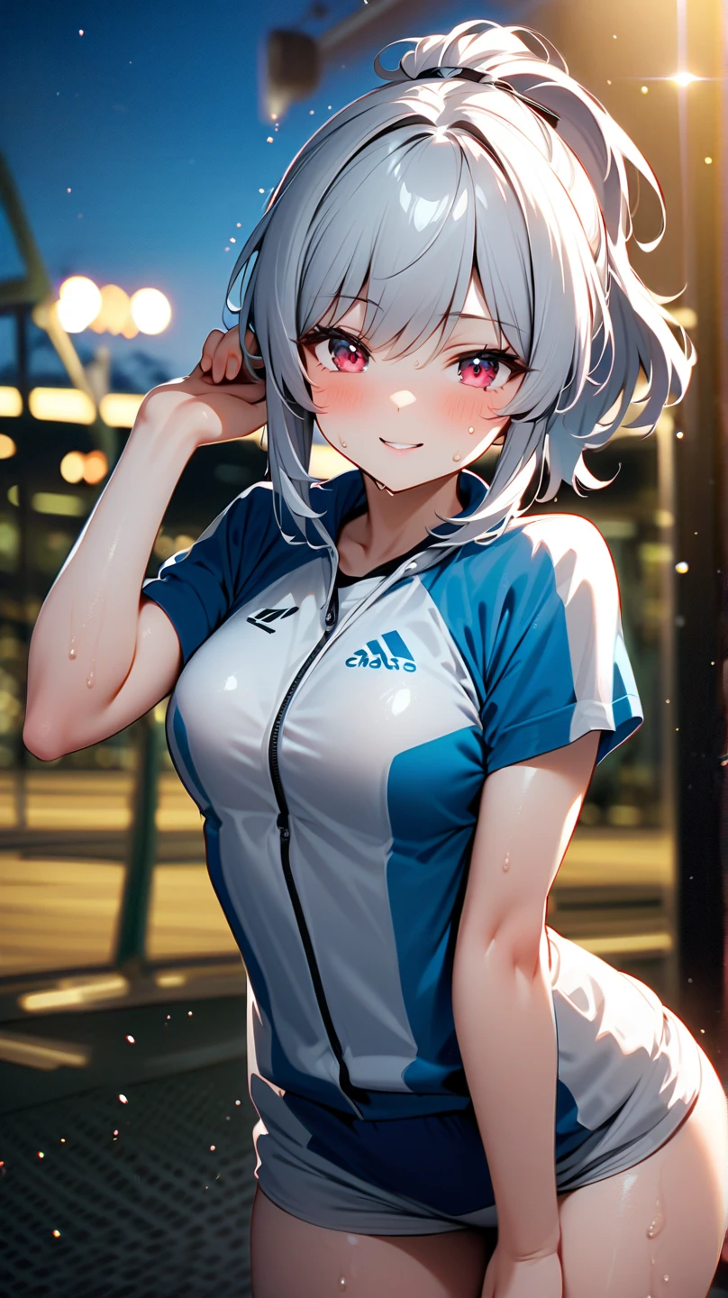 (Best quality, 8k, 32k, Masterpiece, UHD,:1.2),RAW, 1girl,ultra cute , natural lighting,transparent shining eyes, 20yo ,fair complexion,blush, open mouth, laughing, (sportswear), ((Dynamic angle)), medium breast, smiling, shiny,, ((White Background)), White hair, ponytail, Cowboy shot, wedgie, Cameltoe