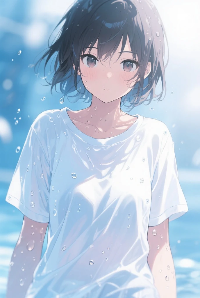 Product illustration of a girl in the rain,cherry blossoms,water中で,water,black hair,short bob,white skin,waterに浮いている