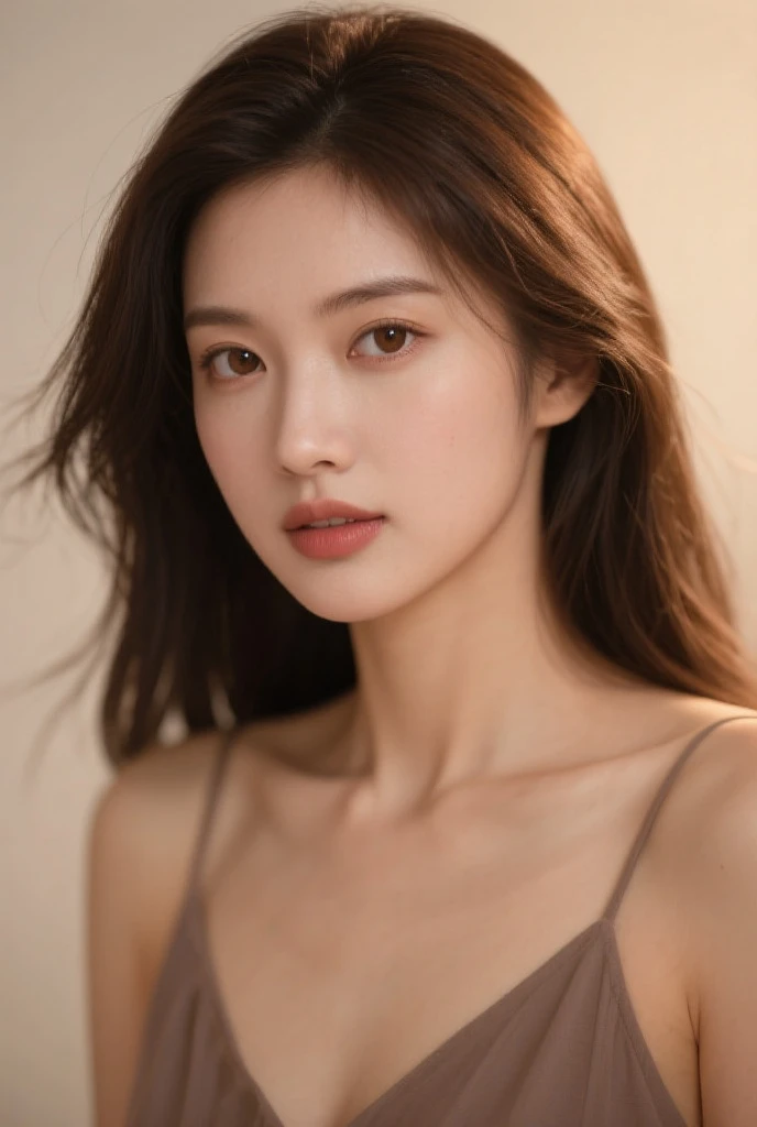 Create a (( mid-shot )) photorealistic image of a beautiful Asian woman with fair, smooth, flawless skin. She has large, round, sparkling eyes with naturally long and curled eyelashes, and well-defined, dark eyebrows. Her nose is straight and high, and her naturally pink, soft lips form a gentle smile. She has short, slightly curled brown hair that highlights her delicate facial features. Her face is oval-shaped, with a wide and high forehead, moderately high cheekbones, and a pointed, slender chin. She is wearing a light grey bra that complements her elegant and feminine appearance. (( waist to top))