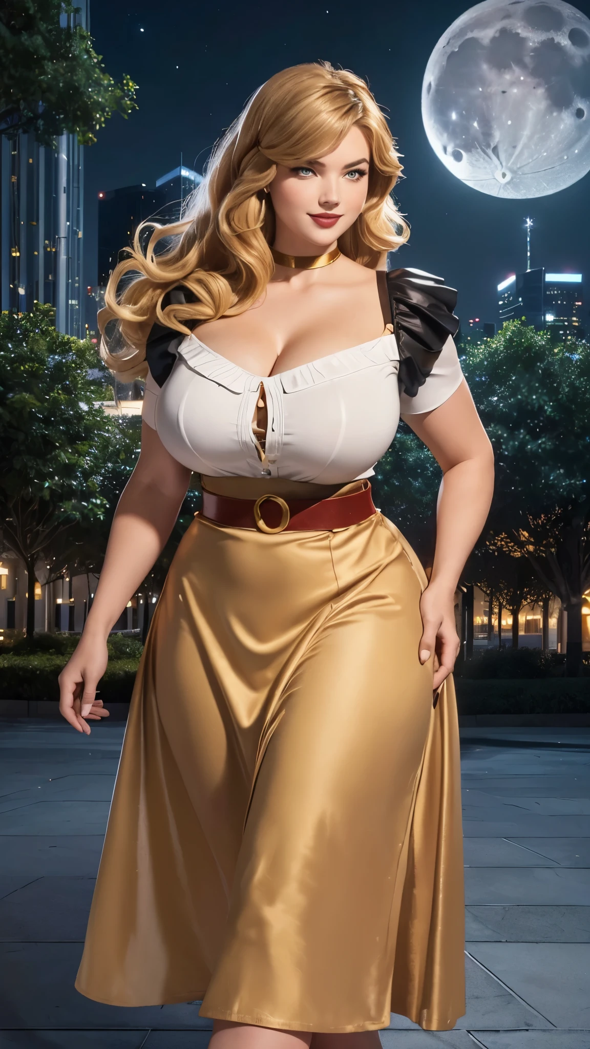 1girl, milk maid, tight corset, long skirt, frilly skirt, dark green skirt, cleavage, breasts, huge breasts, gigantic cleavage, bursting breasts, wide hips, smile, blonde hair, twin braids, holding skirt, skirt lift, outdoors, 8k, masterpiece,(((full body))) , (((sexy pose, model pose, standing pose)))