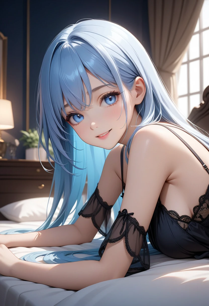 Best Quality,High resolution,8k,finelity detailed background,Masterpiece:1.2),beautiful girl,Shiny light blue hair,crossed bangs,Light blue eyes,Gentle look,A refreshing look,smile,Best quality,Best Quality,Aesthetic and aesthetic:1.2,Best details((Super detailed))(High-definition CG illustrations),Upper Body,Dark grey underwear, (dark gray),Slender body,night,moon,Bedroom,On the bed,smile,blush,cute,Scrounge,Looking up,Being spoiled,super model,wariza,shoot from,below