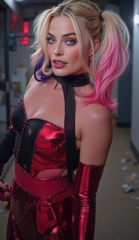 (Best Quality,4k,8k,high resolution,Masterpiece:1.2),ultra detailed,(realist,photorealist,photo-realist:1.37),portrait,comic style,playful,Energetic, vibrant colors, dramatic lighting,seductive, evil smile,Blue and pink color scheme, harley quinn costume,expressive eyes, messy hair,whimsical background, dynamic pose,confident attitude,makeup smeared,sparkling personality,disturbed beauty, iconic bat motif, striking tattoos, rebellious spirit, gotham city skyline,laugh in the face of danger,bold elegance