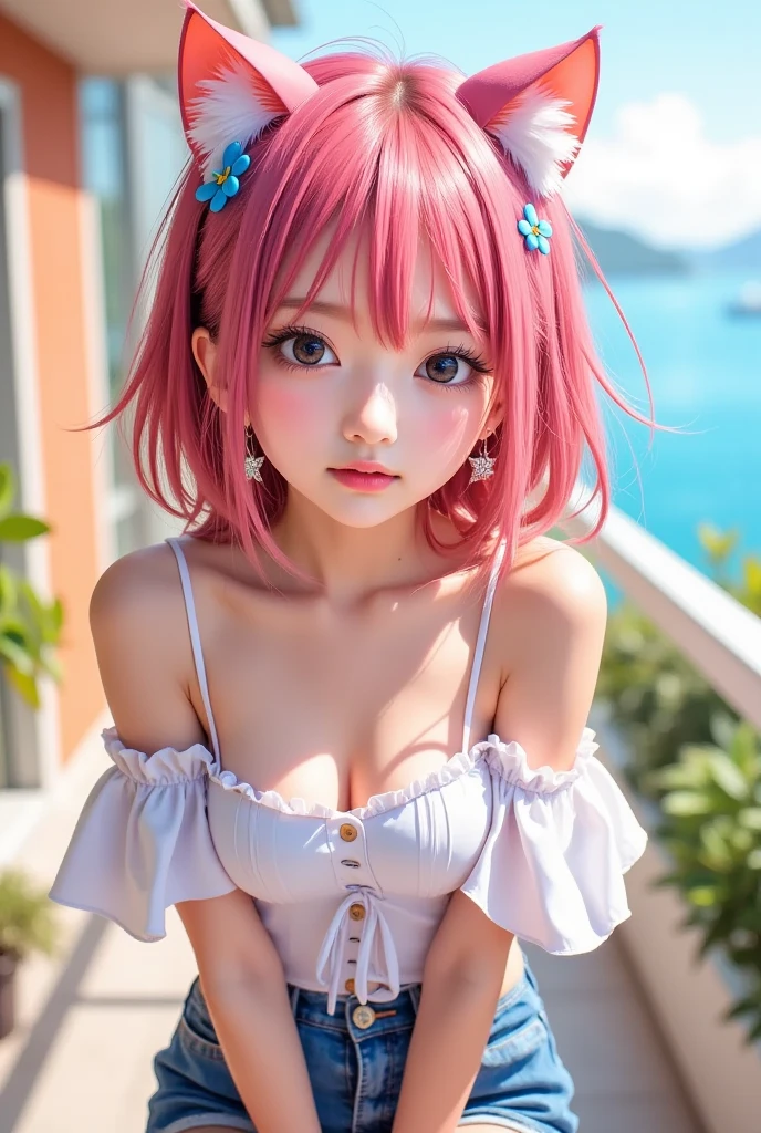 (Best quality,4K,8K,A high resolution,Masterpiece:1.2), Ultra-detailed,(Realistic,Photorealistic,photo-realistic:1.37), A woman with two tails, JK school uniform, White lace knee-length socks, Vibrant colors, Pink hair, Cat ears, Soft lighting, harbour, beach, Take a boat tour