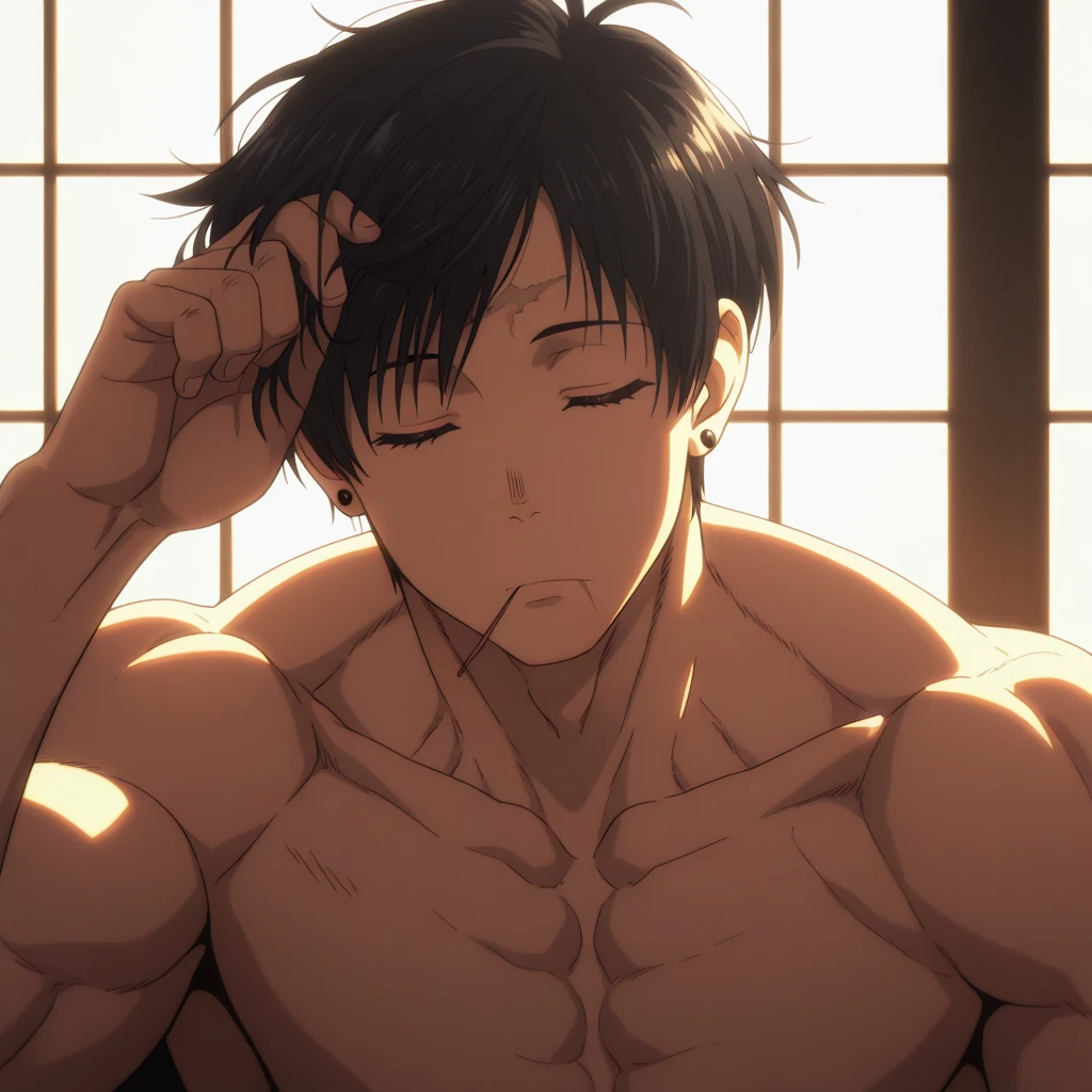 ((((masterpiece, best quality, high resolution)))), Extremely detailed 8K, 1 female, wearing a white Karate gi, (ahegao),white eyes, Small breasts,full body, kneeling, tired, (muscle:1.4), japanese clothes, No underwear,No eyeballs, Facing the audience, looking at the audience, tired, from below, (Exposed armpit:1.1), ((armpit:1.2)), sexy, Sweating, More and more sweat,(ahegao), (Roll your eyes), open mouth, Sticking out tongue, saliva, Slobber,Skinny, raise arms, (arms above head:1.5)(Ultra HD, Ultra-detailed, Highly detailed, Highly realistic, Ultra-realistic, photograph realistic), (1girl:1.5), (Realistic black hair), (dynamic poses), facing at camera, looking at viewer, (slightly serious face), (perky breasts:1.2), (beautiful detailed face, beautiful detailed eyes), ((worn out karate gi)), (preparing for a fight), sweat, glow,ahegao, armpit, sweat, open_mouth, Sticking_ out_tongue, saliva, Slobber,raise_arms, Japanese_clothes,small_breasts, facing_the_audience, muscle, kneeling, tired, mind_control, soifon No_pupils, blank_ eyes, unconscious, oral_invitation,Rolling_eyes, (sunbeam, sunlight), ((cowboy shot)), inside a training gym, seductive, EnvyBetterHands LoCon,