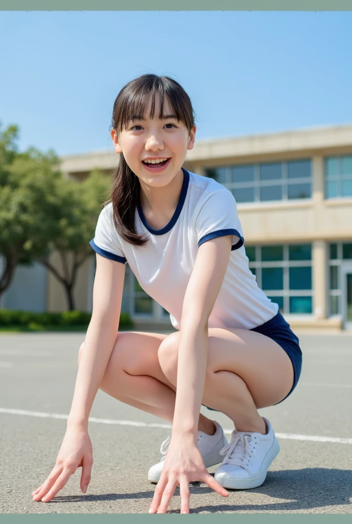 (Highest quality、8K、Masseter muscle area、Delicate illustrations、Esbian all over)、A very cute Japanese girl around 10 years old、 Body Type, （Bloomer gym clothes 1.3）、Big smile、Gymnasium sitting in schoolyard、No clothes