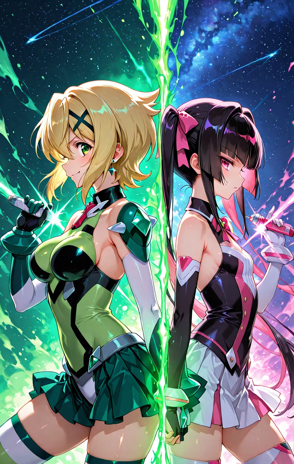 1 girl, anime, futuristic setting, tall, elegant tuxedo, neon green hair, pink streaks in hair, orange eyes, muscular, sleeves rolled up, messy hair, ponytail, beauty marks, moles, sharp teeth, shark tail, smirk