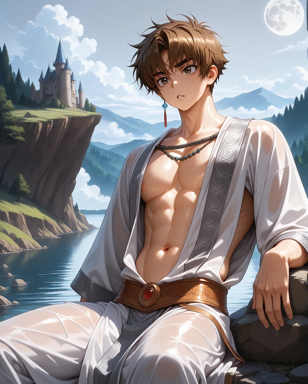 Red ruby eyes with brown hair that goes down to his upper back. Messy hair with a fringe, slim frame and average body as a man. Snow white skin. Medieval clothing from fur and animal skin. Brother Bear Style
