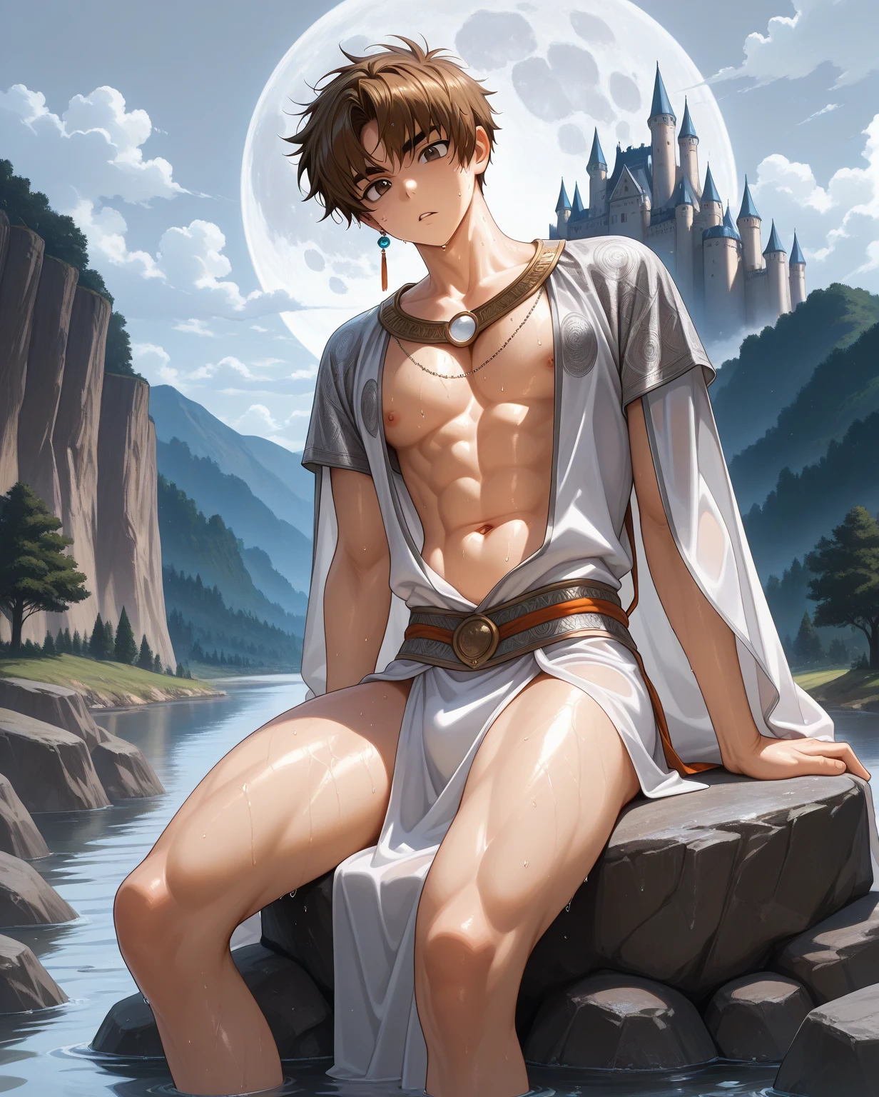 (masutepiece, Best Quality),1boy,(younge boy,child-faced,Boy's face),a baby face,(very small and short stature), (very young boy), (very small and short body), Naked,Kneeling, (Show his big penis), desert,infancy,young age,short round face,Flat chin,finely detaild face,Gray loincloth,Little-muscled,short-hair,radiant eyes,opens his eyes wide,with an intricate,full body Esbian,nakeness,vivd colour,(depth of fields:1.2),(Abs),Ancient ruins,Look at the ruins,Full body portrait of a slight smile