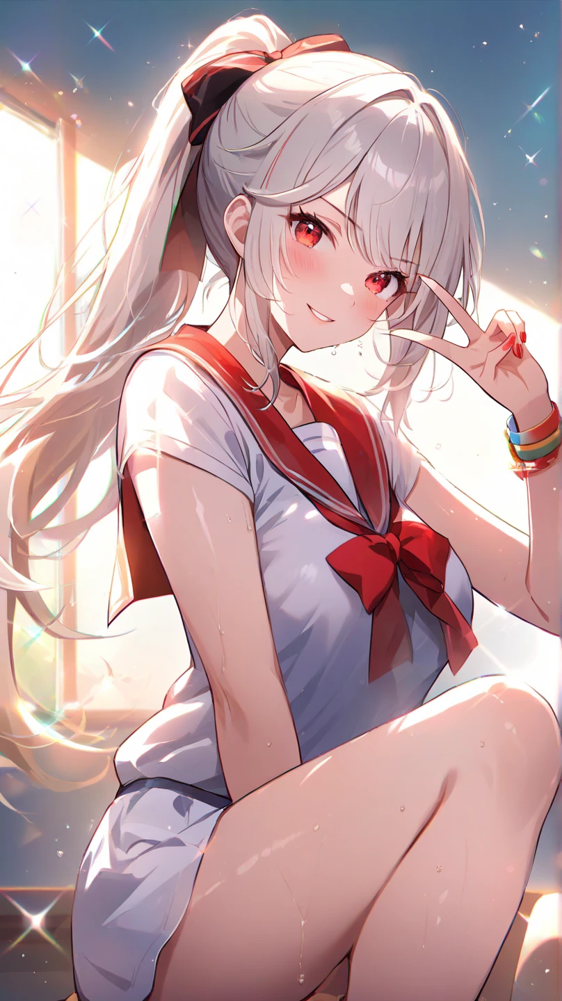 White hair twin tails, red eyes, girl, cheerful, smile, classroom, red hair accessory