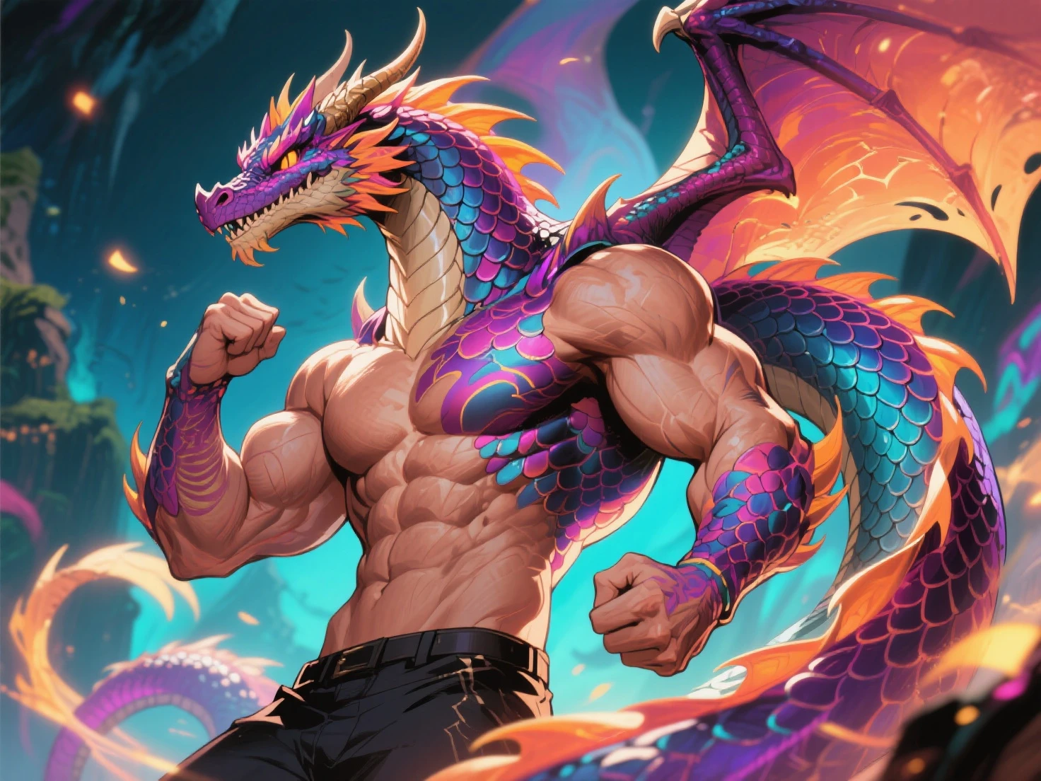A brawny male demihuman dragon with a muscular build, wearing a hoodie, has a horn, few scales, (((Japanese dragon))), detailed face, fantasy art, digital painting, cinematic lighting, vibrant colors, dramatic atmosphere, hyper detailed, 8k, photorealistic